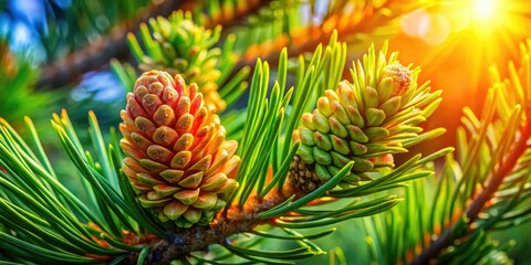 Fototapeta premium Spring sunlight bathes vibrant green pine cone buds, showcasing nature's detail in a rule-of-thirds composition.