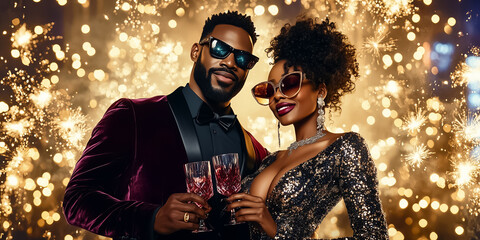 A captivating couple in elegant attire toasting with crystal goblets filled with radiant crimson liquid under colorful fireworks. The ambiance is magical and romantic in the night sky