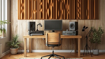 Cozy podcast setup with acoustic foam panels, wooden desk, minimalist decor, and studio-grade audio equipment for home creators