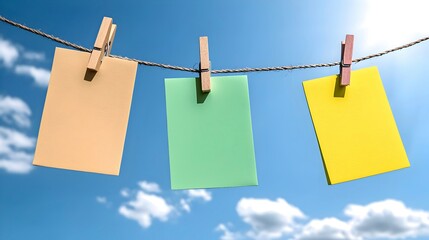 Colorful Paper Notes Hanging on a Twine with Blue Sky Background