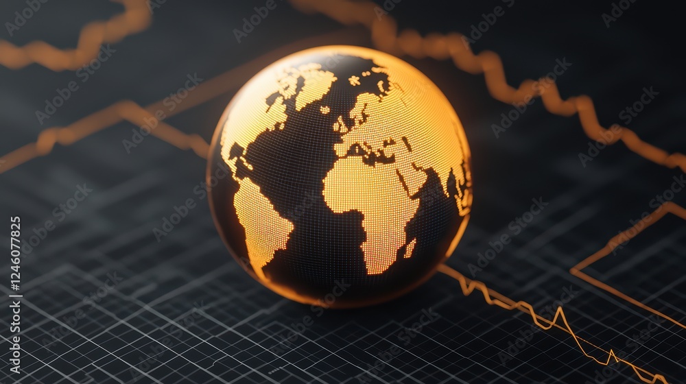 Poster digital globe with graph lines in warm tone for business concepts