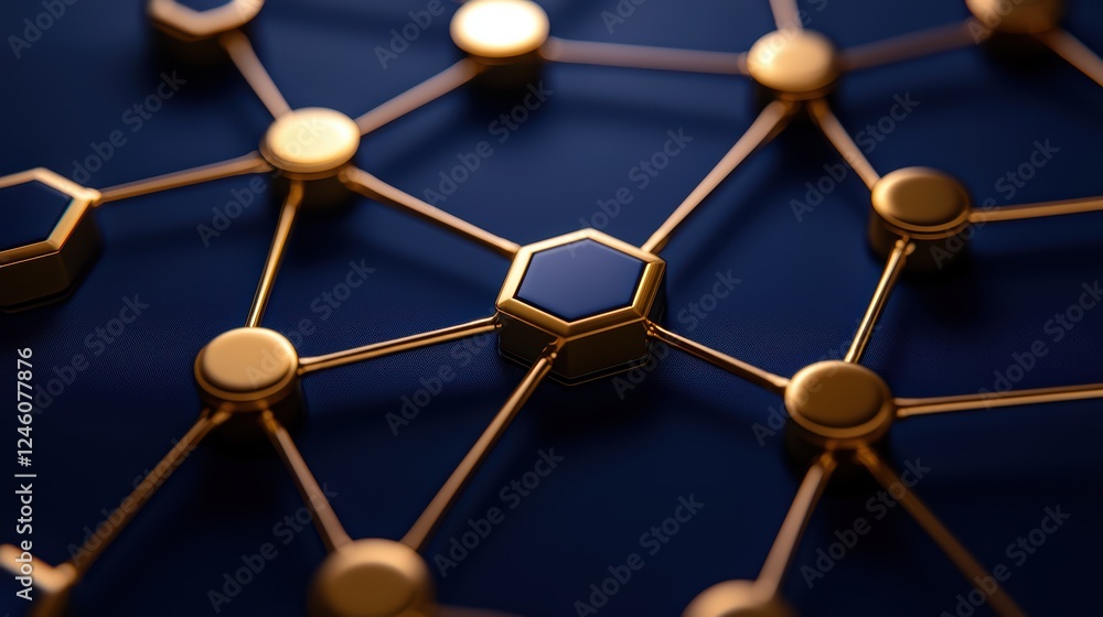 Poster golden network structure on dark background with hexagonal nodes