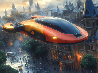 Futuristic flying car soaring above a rainsoaked city.  Vibrant orange and black design, detailed cityscape backdrop. Ideal for scifi, transportation, technology, and urban themes.