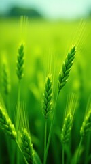 Obraz premium Vibrant Green Wheat Stalks in a Lush Field, Basking in the Warm Sunlight, Displaying the Promise of a Bountiful Harvest