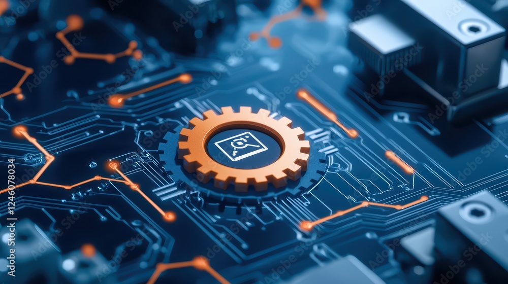 Poster close-up of gear on microchip circuit board with abstract design
