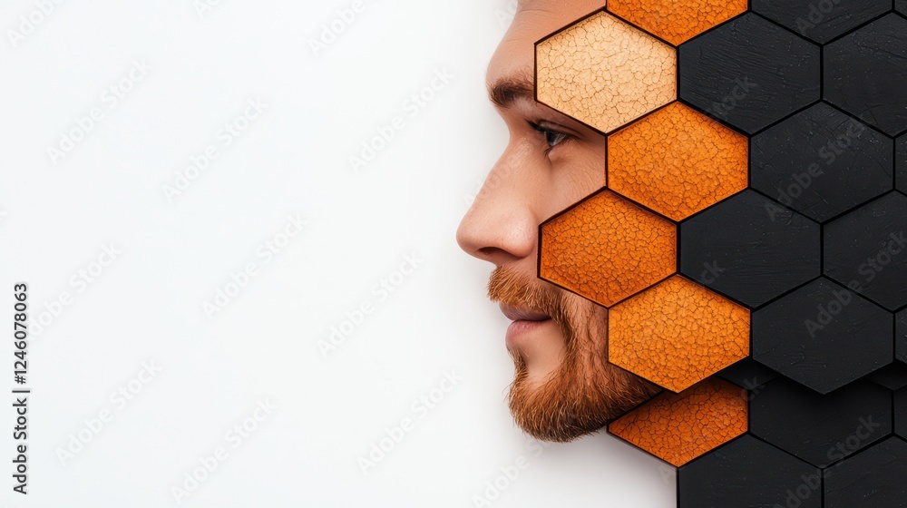 Poster Man Face with Honeycomb Texture Merging into Abstract Background