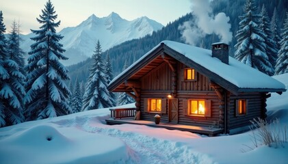 Fototapeta premium Smoke billows from a wooden chalet chimney in the snow, heating, cozy, smoke