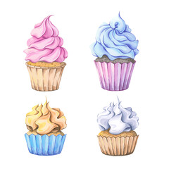 Watercolor cupcakes with blue, pink, white and yellow frosting. Set of illustrations perfect for kitchen art, pastry-themed designs, dessert packaging and creative baking projects