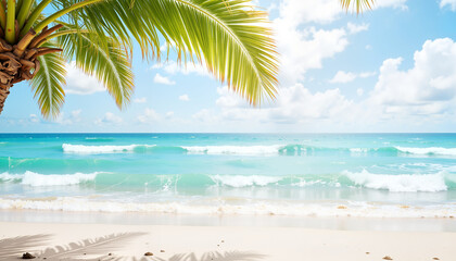 Fototapeta premium Palm branch swaying in sea breeze on sandy beach, coastal serenity