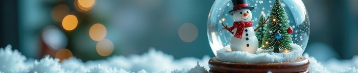 Fototapeta premium Small snowman inside a glass globe with miniature trees and snowflakes falling, miniature houses, decorated objects, miniatures