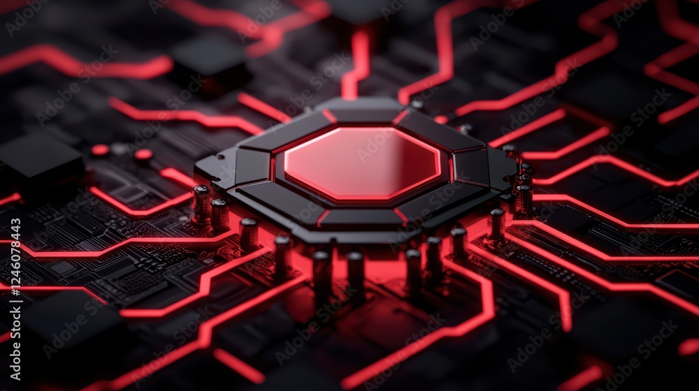 Poster high-tech computer chip with illuminated red circuits on dark background