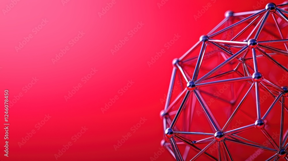 Poster abstract 3d geometric structure with metallic elements on red background