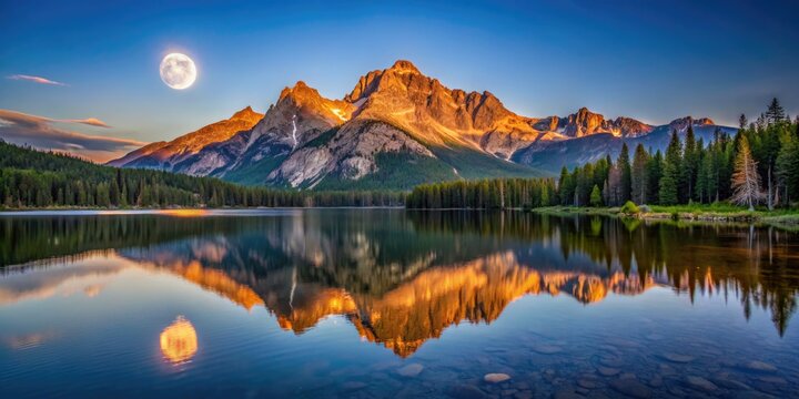 Stunning high-resolution Idaho moonset photo: McGown Peak, Stanley Lake, Sawtooth Mountains.