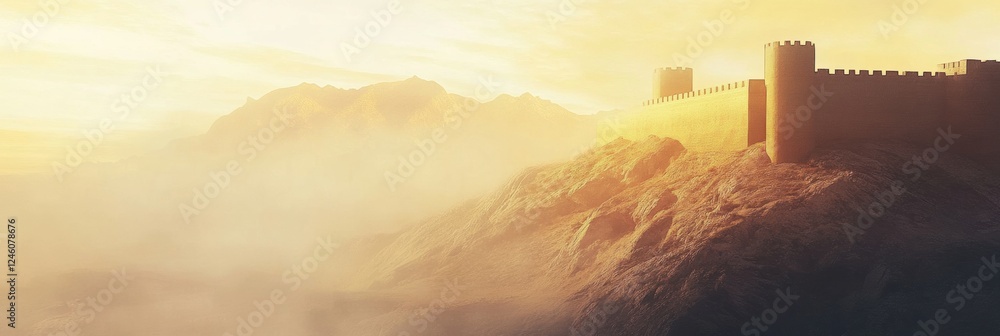 Poster minimalist view of an ancient castle on a hilltop under a golden sunset with serene clouds in the sk