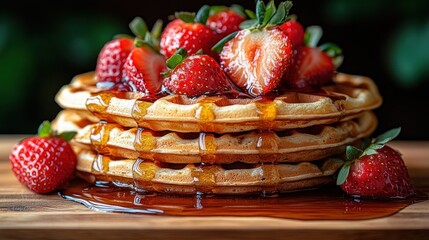 Honey-drizzled waffles, strawberries, dark background, breakfast