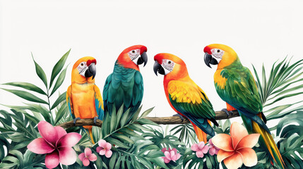 A vibrant display of colorful parrots perched amidst tropical foliage and flowers.