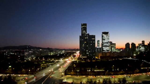 timelapse, panoramic sunrise city view, sunrise cityscape of Yeouido, Seoul, Korea	

