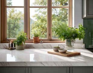 A Scandinavian-style kitchen with marble countertops, fresh herbs, and natural light, creating a clean, minimalist space that feels both functional and inviting.