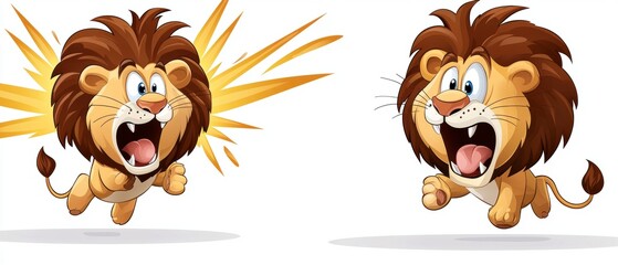 Exciting cartoon lion characters jumping and roaring in vibrant animation bright background fun and playful theme