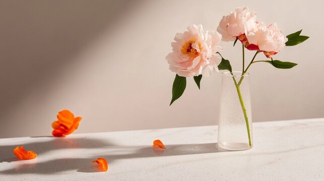 Delicate pink peonies in a vase with orange petals scattered on a minimalistic table setting during morning light