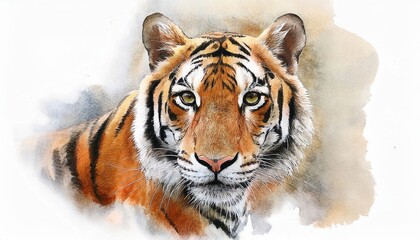 Naklejka premium Expressive Watercolor Tiger Face Head, Capturing the Majestic Grace and Vigilance of a Royal Beast with Rich Brushstrokes and Bold Colors.