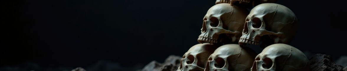 Skulls stacked in a tower on a black background, graveyard scene, skulls and crossbones