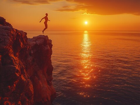 Diver Leaps from Cliff into Calm Lake at Sunset