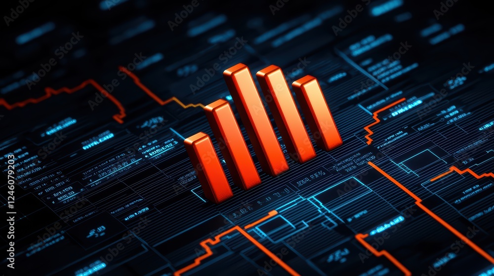 Poster orange bar graph on digital background representing data analysis trends
