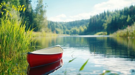 Red canoe on calm lake, forest background, summer tranquility, nature travel