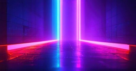 Obraz premium A futuristic hallway with flickering neon lights blending deep violet, aqua, and electric red, creating a striking contrast. The lights leave vibrant streaks, enhanced by a grain effect