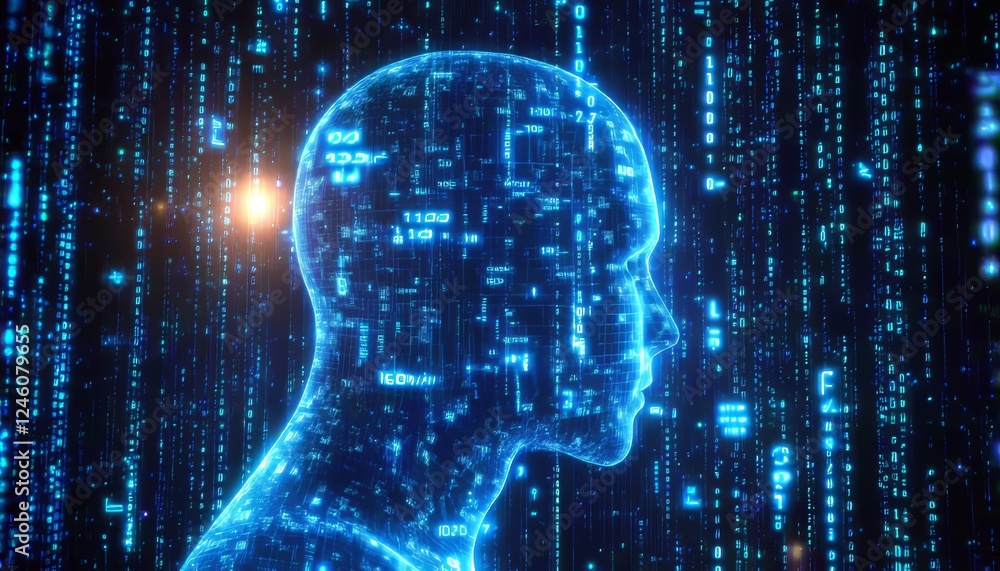 Poster artificial intelligence. human head formed by circuit paths and binary, on a dark background.