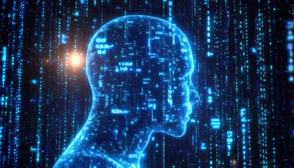 Fototapeta premium Artificial Intelligence. Human head formed by circuit paths and binary, on a dark background.