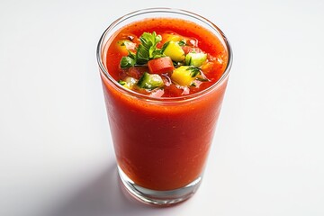 Refreshing gazpacho in clear glass with vegetable garnish on white background studio shot