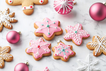 Colorful holiday cookies decorated with festive icing and ornaments on a marble surface.