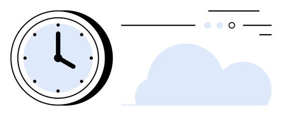 Wall clock with black hands and dots marking hours, paired with a stylized blue cloud and lines. Ideal for concepts thumbs up time management, weather apps, productivity tools, simplicity