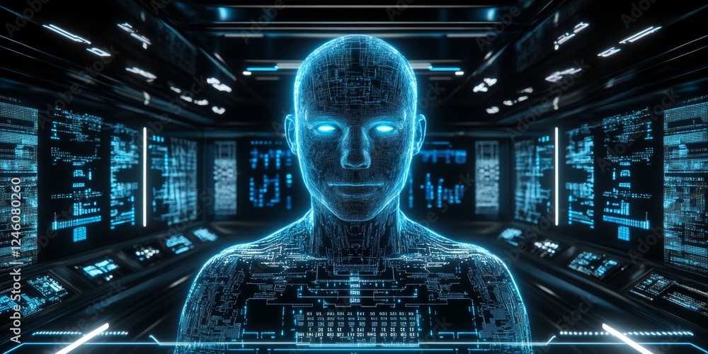 Aufkleber futuristic head with circuit board details and data streams - artificial intelligence and technology