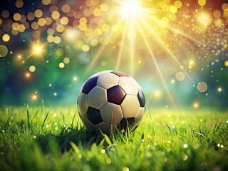 Naklejka premium Sunlit grass sparkles, a magical soccer ball in sharp focus, depth of field highlighting its enchantment.