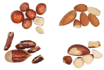 Assorted mixed nuts isolated on white background, top view.