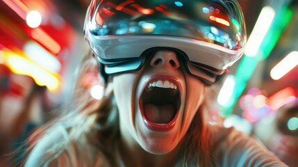 A woman yells in excitement while wearing a VR headset, captured in a vibrant scene filled with dynamic colors that emphasize her thrill and engagement with technology.