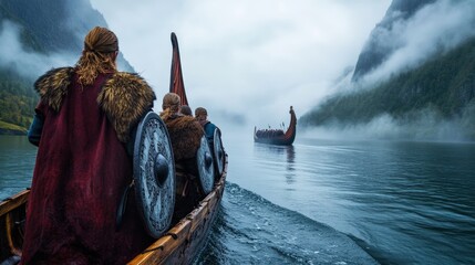 Obraz premium A group of Vikings paddling a longboat peacefully through calm waters, their shields lining the sides of the boat as mist rises from the fjord