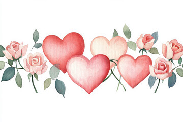 Watercolor artwork featuring hearts and roses in soft hues of pink and red.