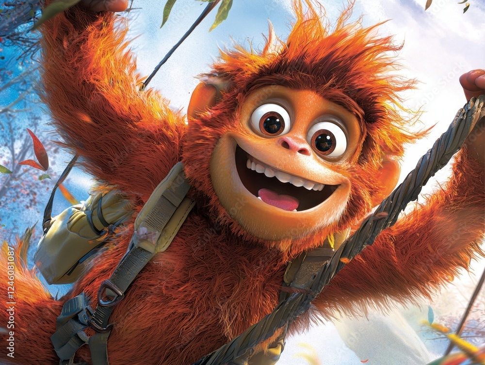 Poster joyful monkey swinging in a vibrant forest animated character playful environment fun concept