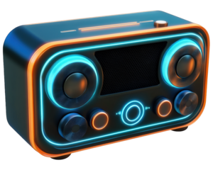 High tech radio with voice control features, featuring vibrant neon accents and sleek design. Perfect for modern audio experiences