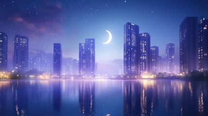 Fototapeta premium A vibrant cityscape at twilight, modern high-rises glowing with warm interior lights, a crescent moon visible above