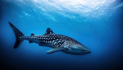 Naklejka premium Gigantic Whale Shark Swims through Striking HighContrast Underwater Seascape, Showcasing Majestic Creatures Grace and Power in the Depths of the Ocean.