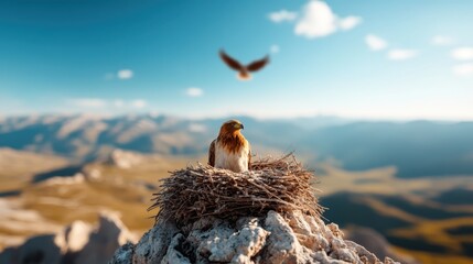 A breathtaking image of an eagle nest perched on a rocky cliff, showcasing the stunning landscape and the majestic bird soaring in the background under a clear sky.