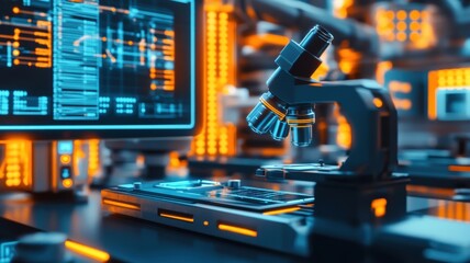 Naklejka premium Lab equipment with advanced microscopy setup and digital display in a futuristic research environment