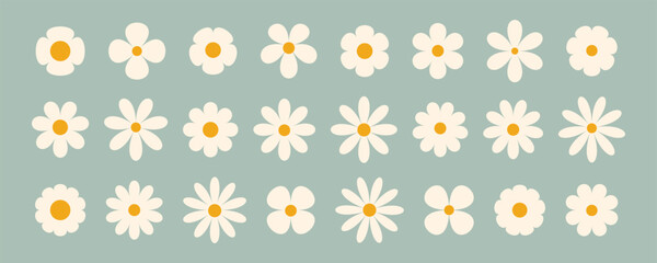 Groovy simple flowers set. Collection of abstract flowers in minimalistic style. Geometric flower set. Abstract minimal daisy elements. Brutalist design. 