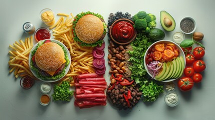 Top view of a table divided into two parts with healthy and fast food on the other side. Variety of choices and lifestyles. Sports, active lifestyle or World Obesity Day.