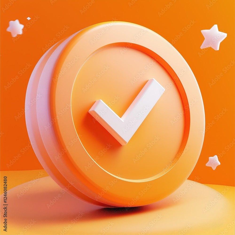 Poster 3d icon depicting a check mark in a circular orange background with floating star symbols.